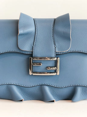 Fendi Baguette Wave Clutch Satchel Blue Front of Bag featuring silver logo