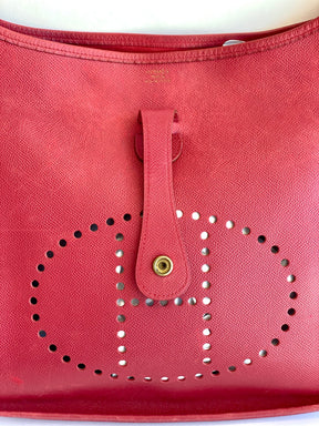 close detail red leather bag