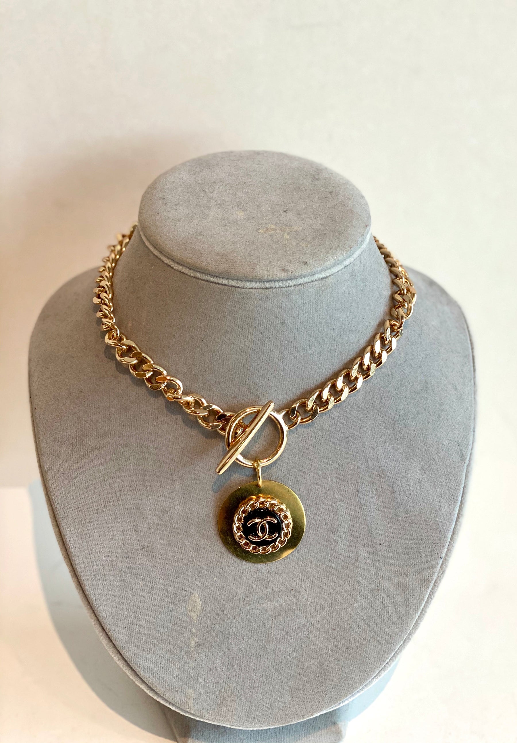 designer button necklace gold