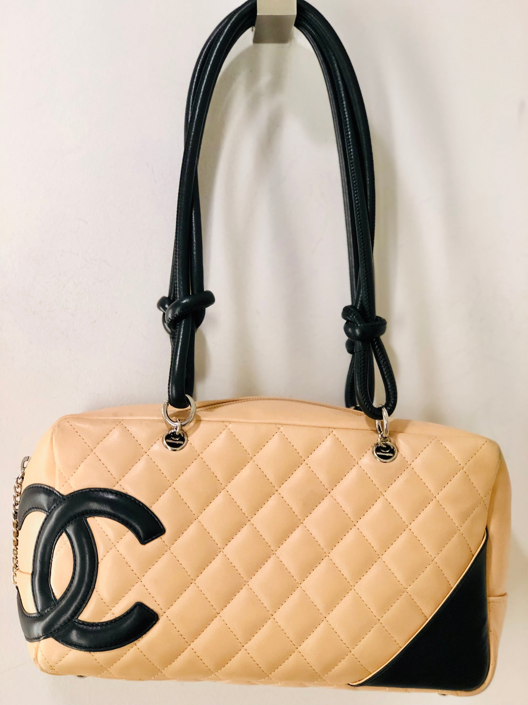 Chanel Cambon Bowler Leather Bag Tan and Black Front of Bag