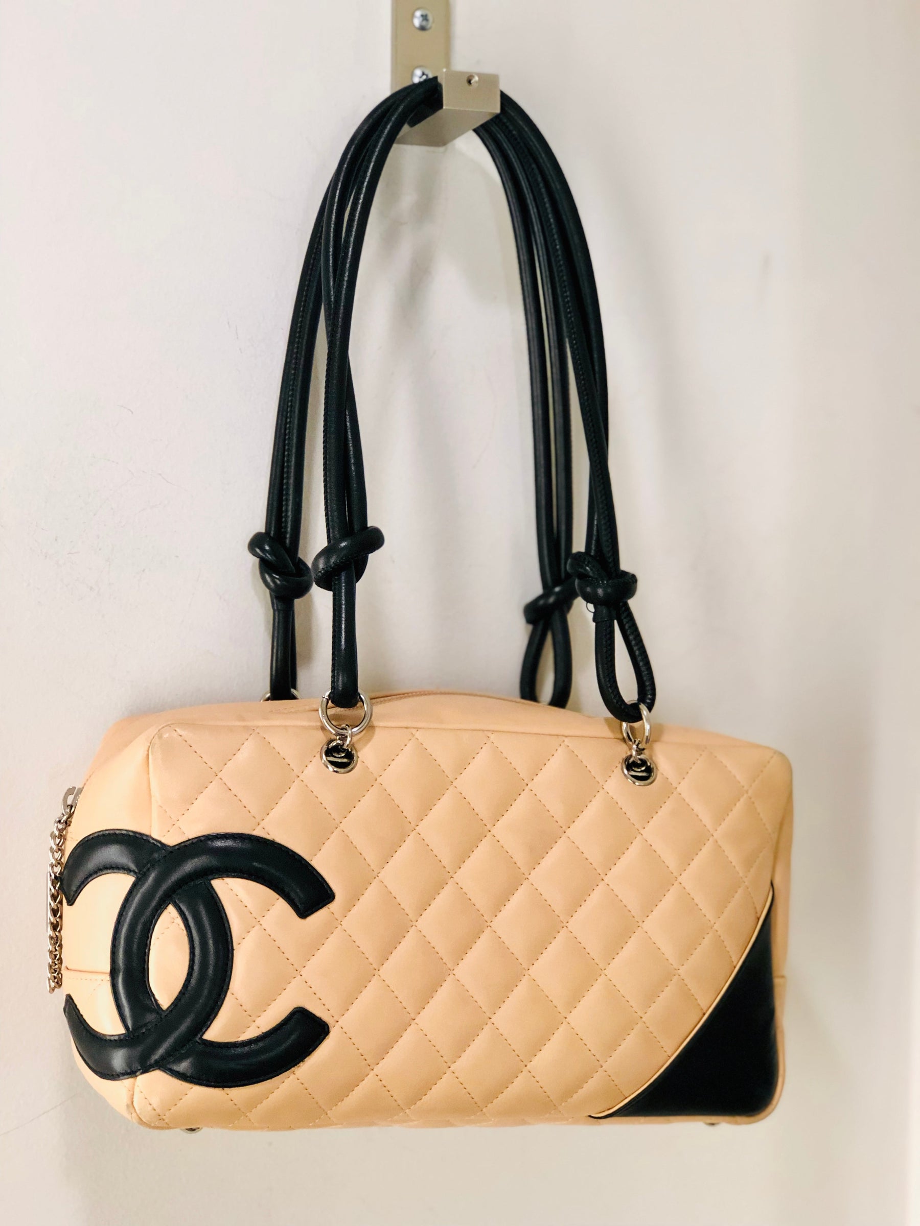 Chanel Cambon Bowler Leather Bag Tan and Black