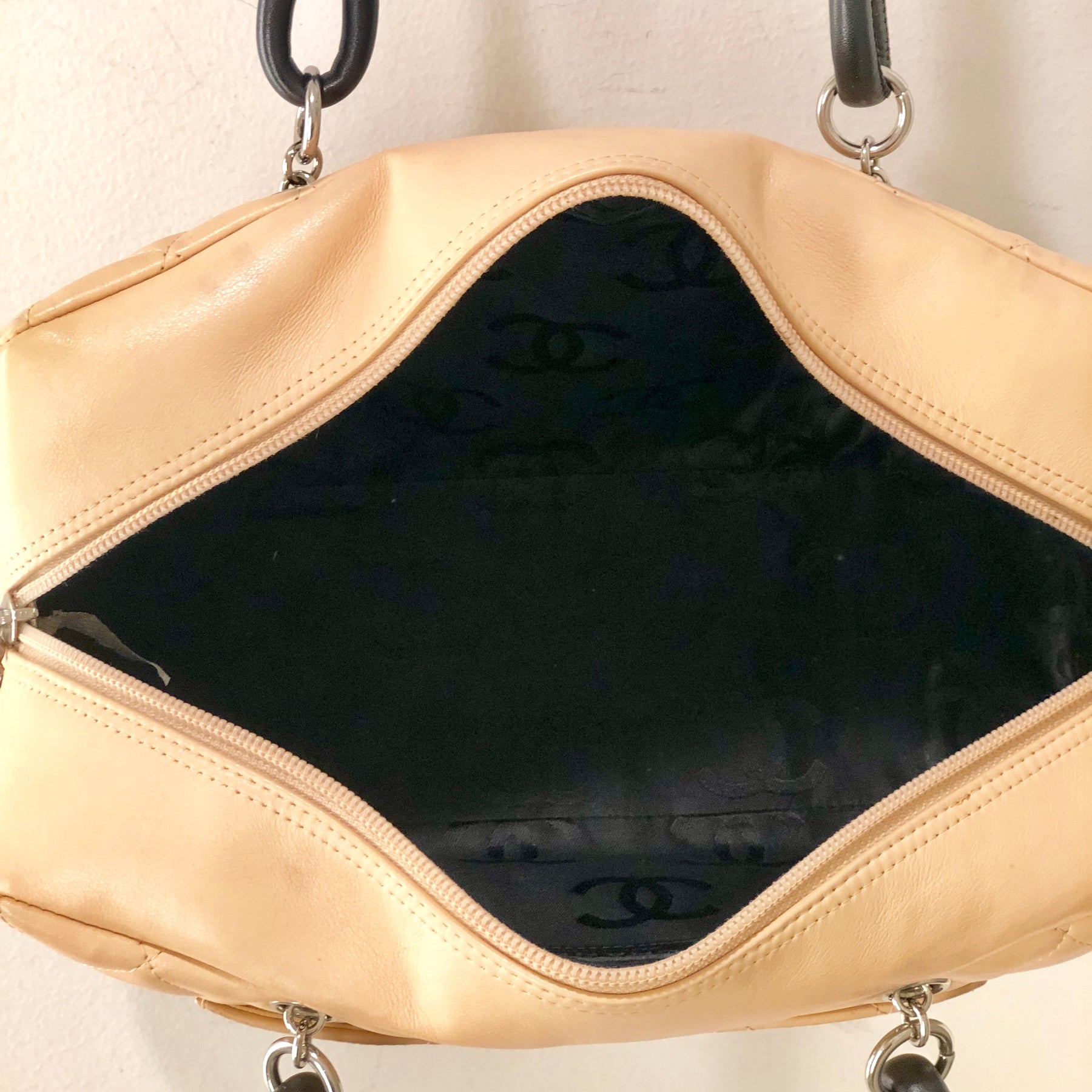 Chanel Cambon Bowler Leather Bag Tan and Black Inside of Bag