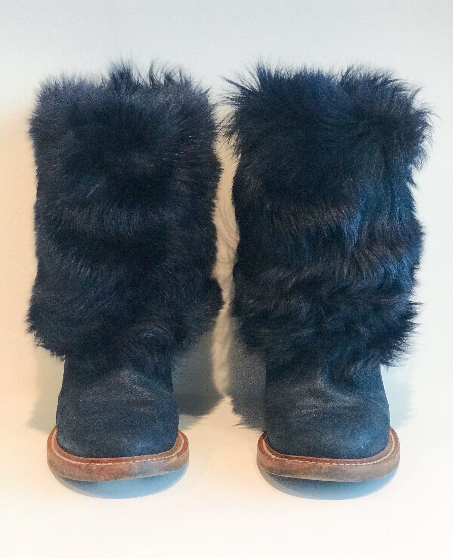 Chanel Fur Boots Navy Blue Front of Shoes
