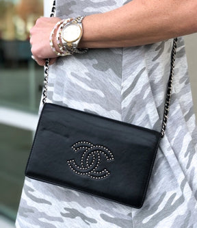 Chanel Studded Wallet on Chain Black Front of Bag on Model