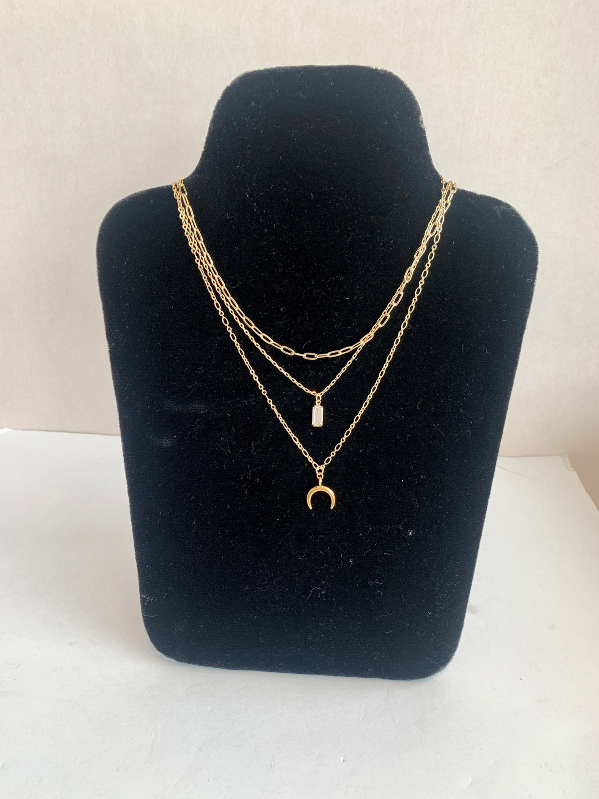 3 layer gem and moon necklace