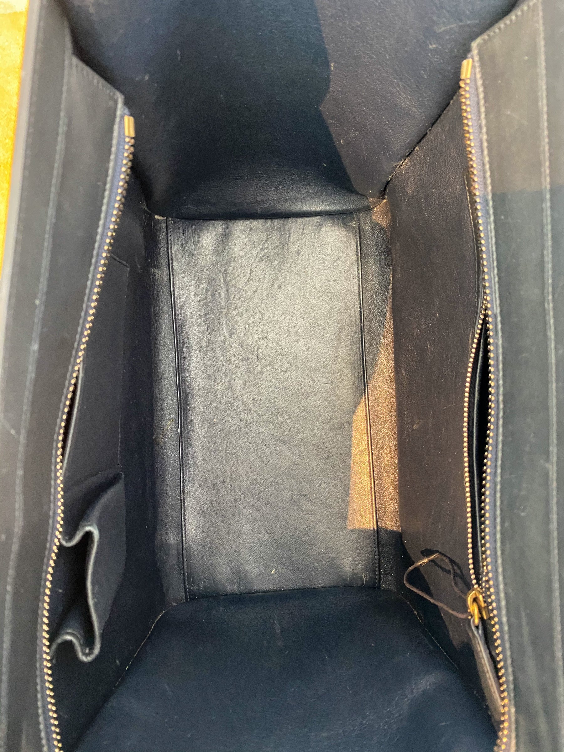 Celine Luggage Tote Mini Black and Blue Inside of Bag Featuring Inside pockets and Zipper Closure