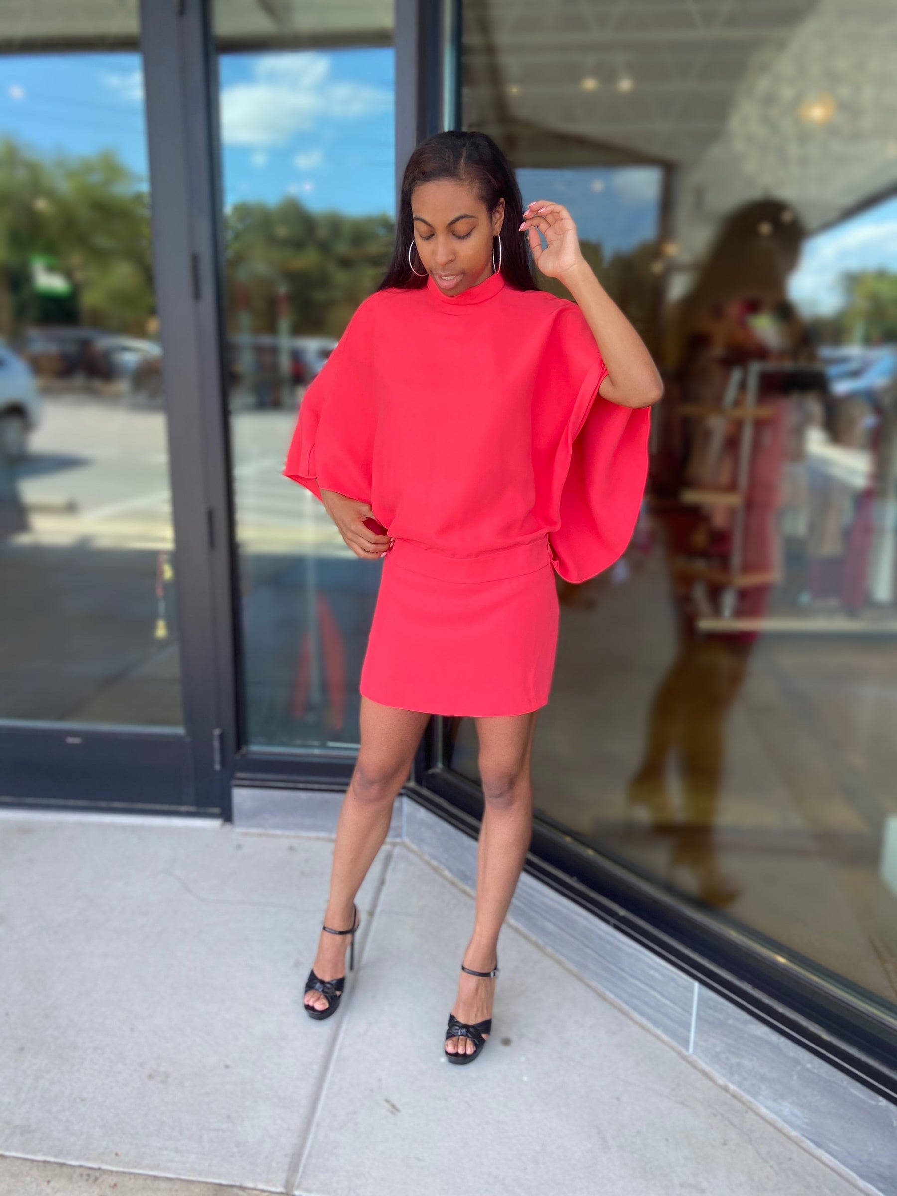 Gucci Cape Sleeve Dress Coral on Model
