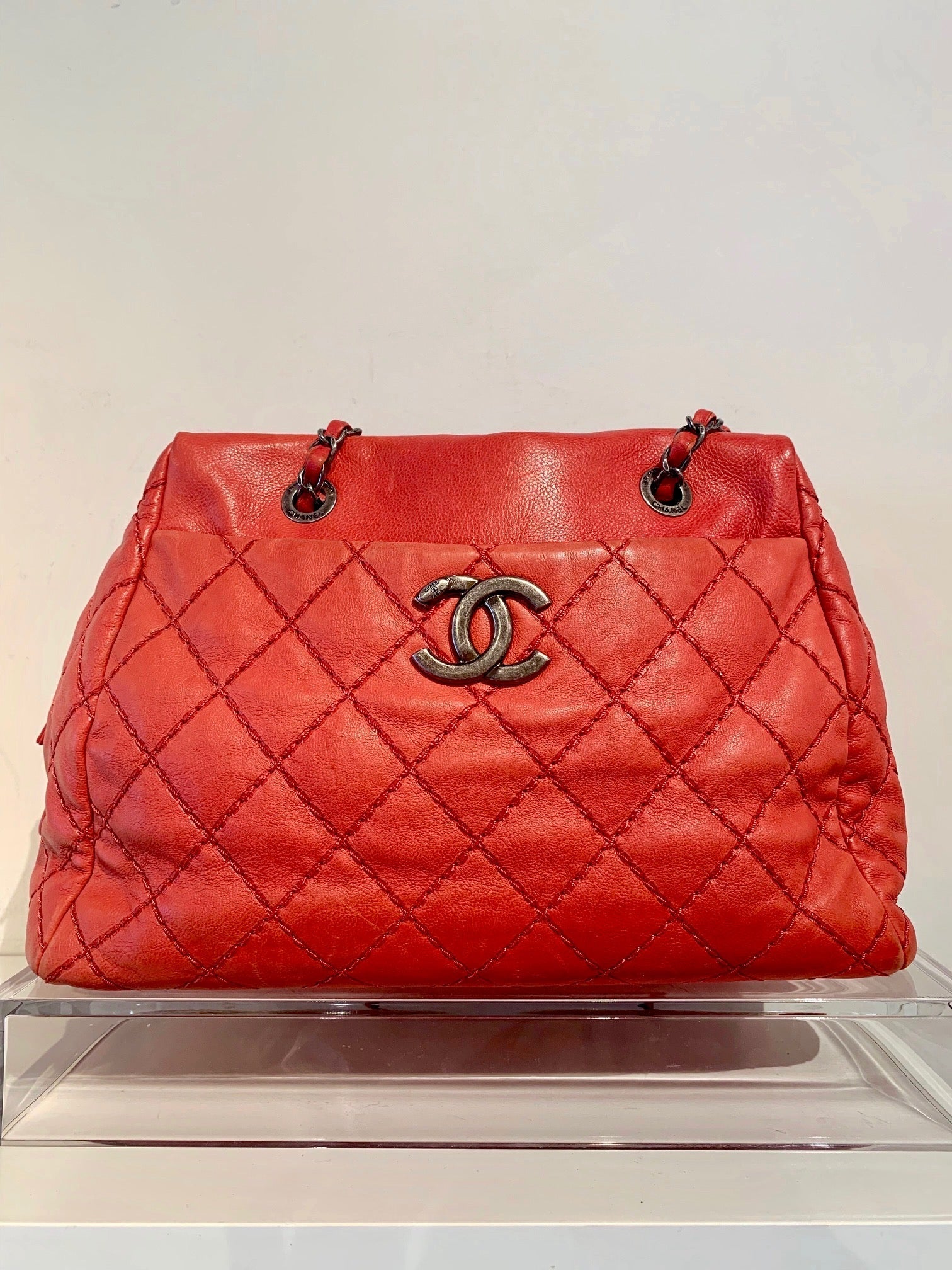 Chanel Quilted Bowler Bag Red Front of Bag