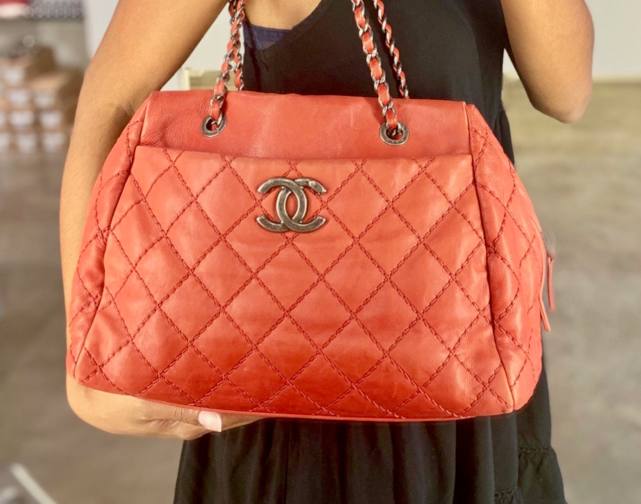 Chanel Quilted Bowler Bag on Model 