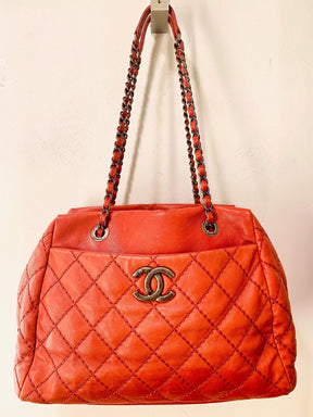 Chanel Quilted Bowler Bag Red Front of Bag