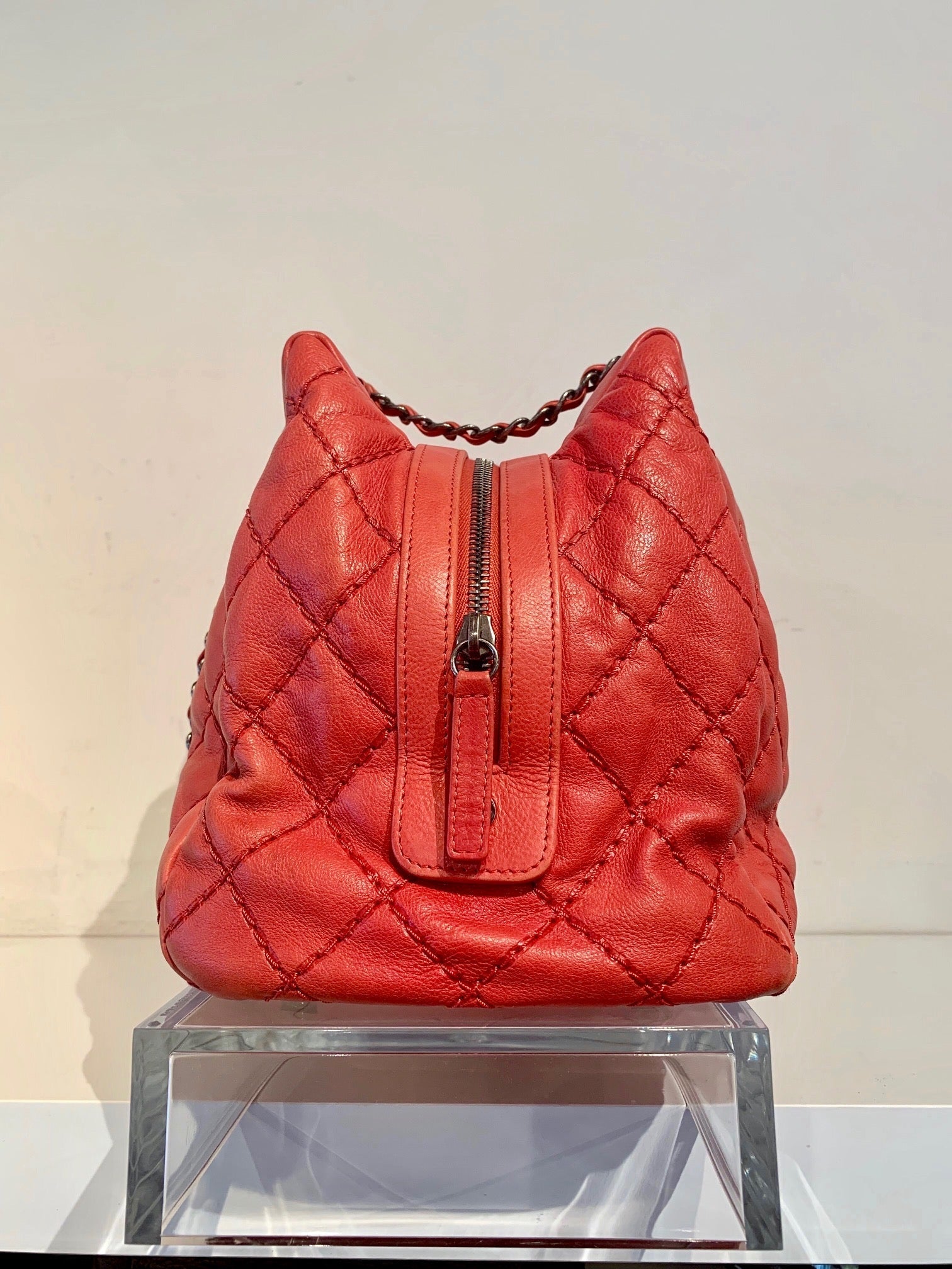 Chanel Quilted Bowler Bag Red Side of Bag 
