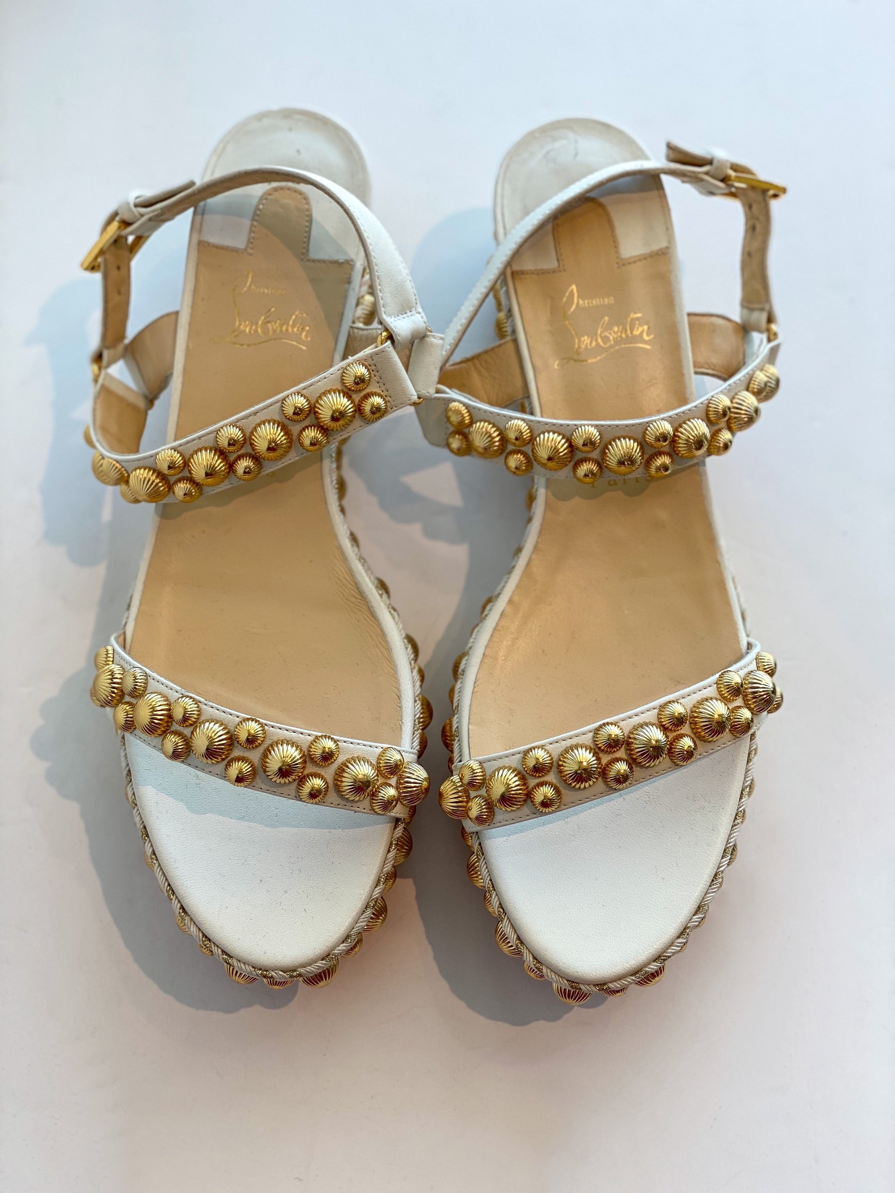 Christian Louboutin Studded Wedge Sandals White and Gold Top of Shoes