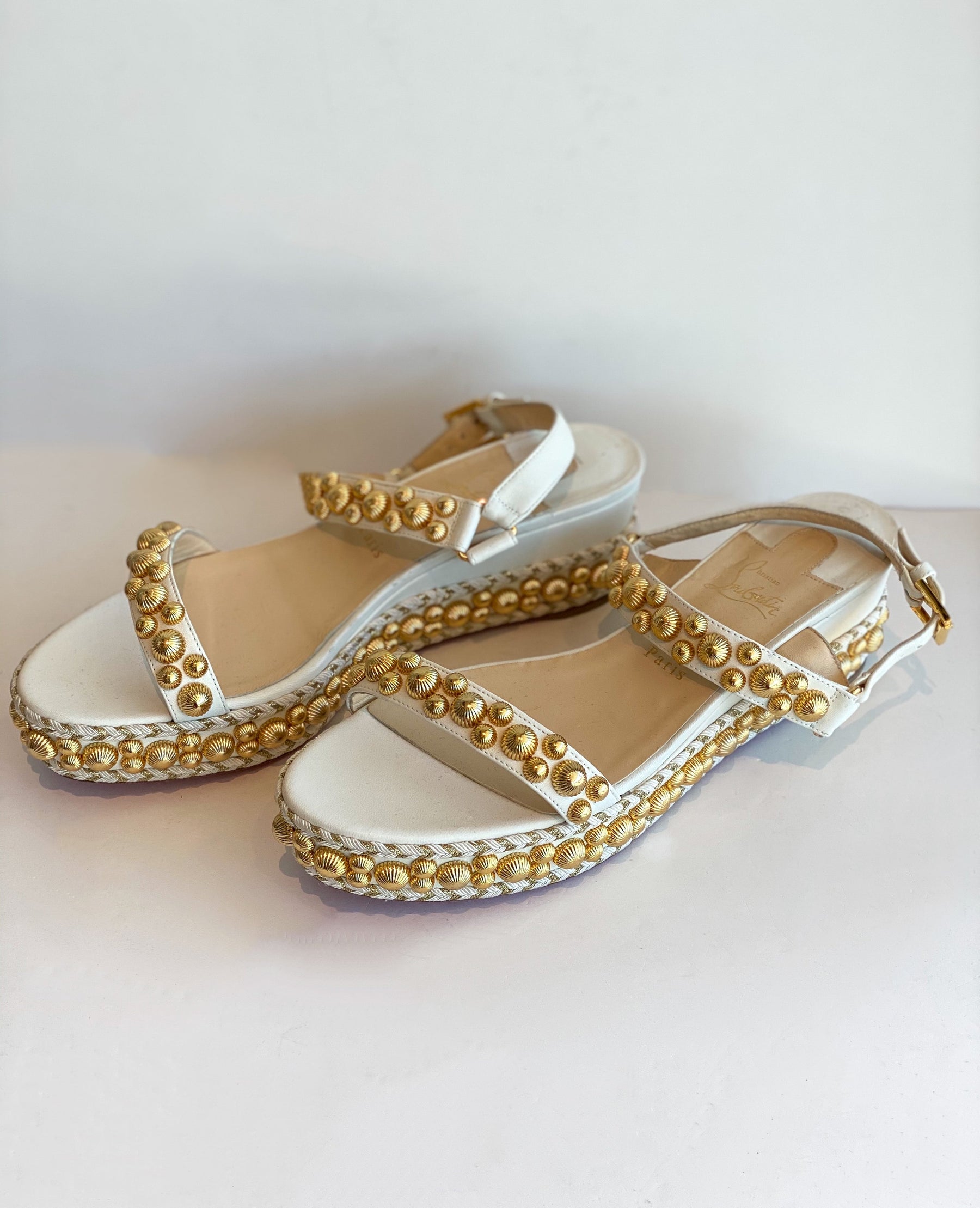 Christian Louboutin Studded Wedge Sandals White and Gold Side of Shoes