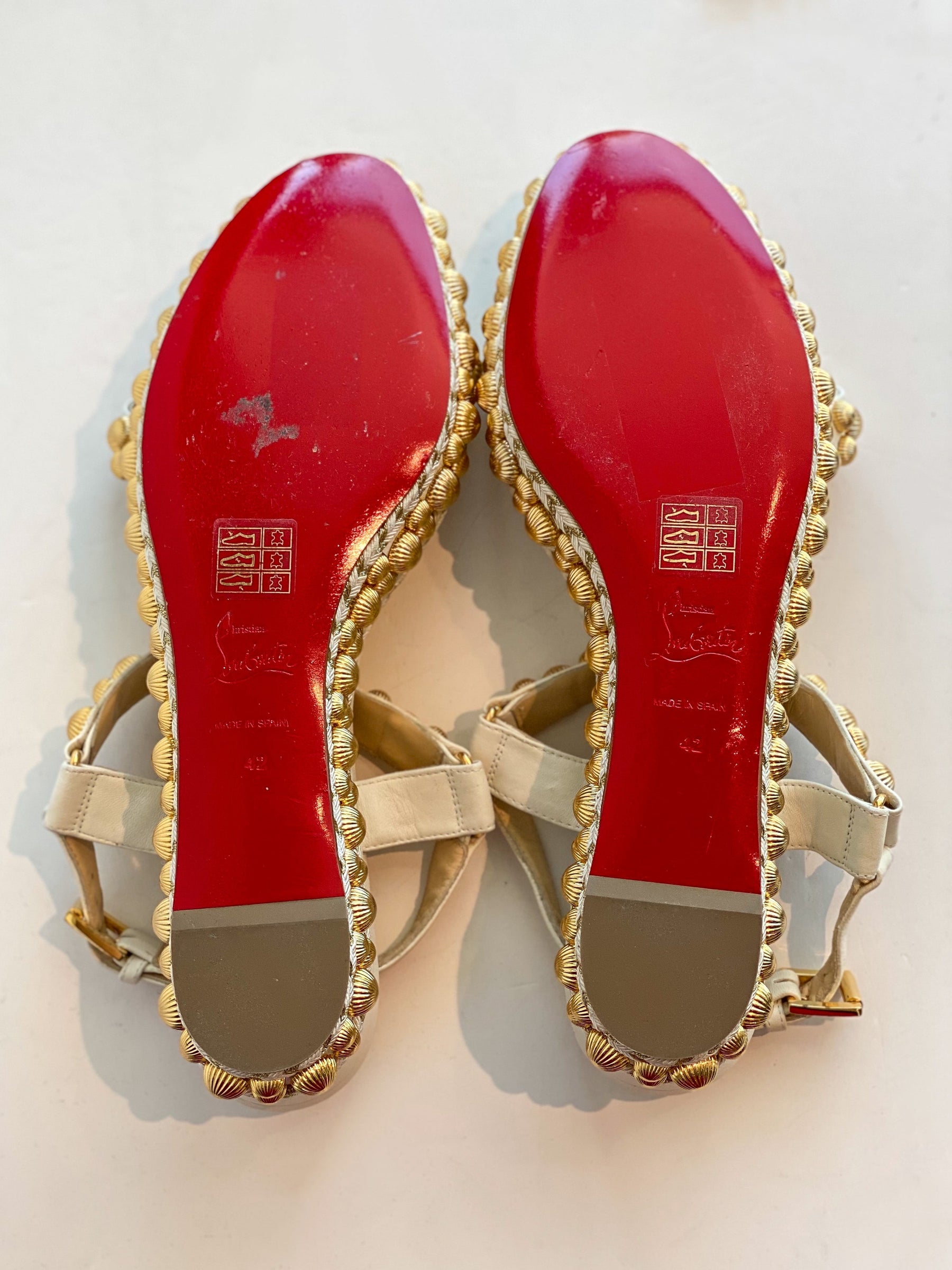 Christian Louboutin Studded Wedge Sandals White and Gold Bottom of Shoes