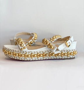 Christian Louboutin Studded Wedge Sandals White and Gold Side of Shoes