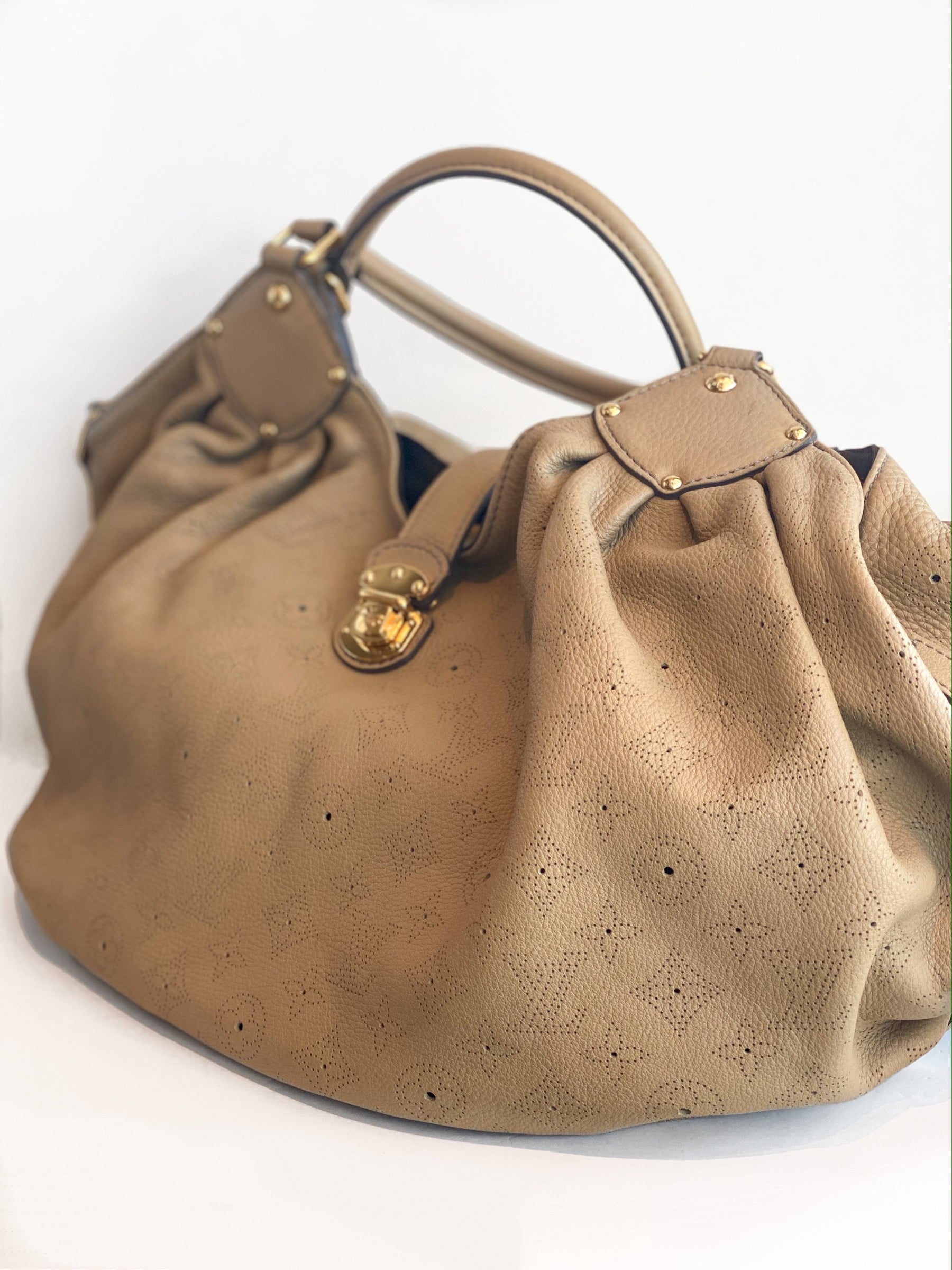 Louis Vuitton Mahina Hobo Bag Monogram Tan Leather Side of Bag