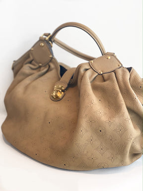 Louis Vuitton Mahina Hobo Bag Monogram Tan Leather Side of Bag