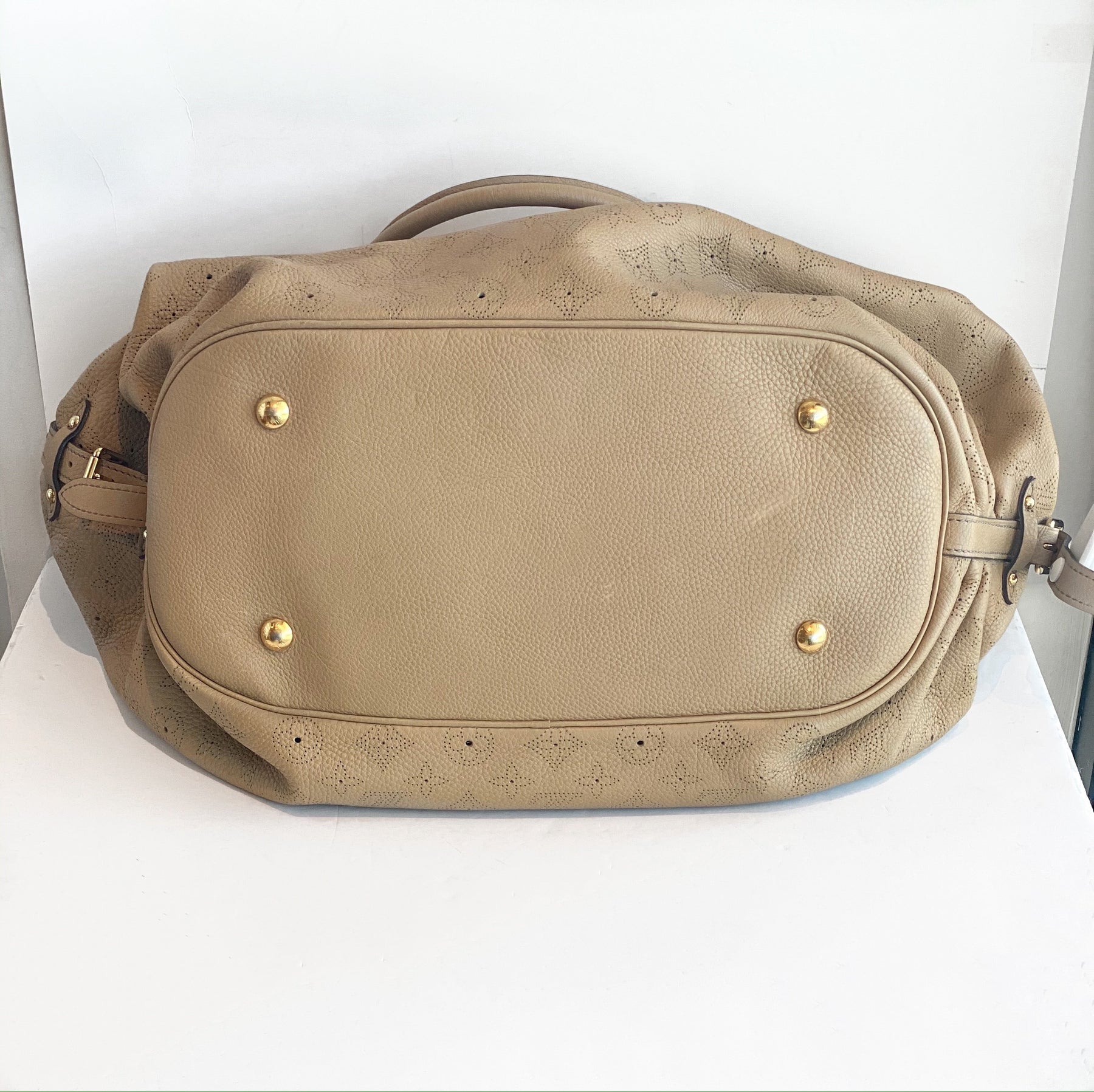 Louis Vuitton Mahina Hobo Bag Monogram Tan Leather Bottom of Bag