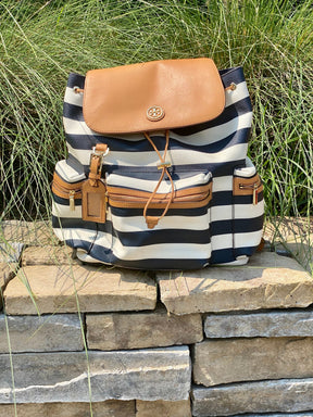 blue and white striped backpack with leather strap Tory Burch Navy Striped Kerrington Backpack