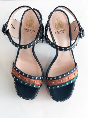 Lavin Jeweled Platform Heels Black Tan Studded