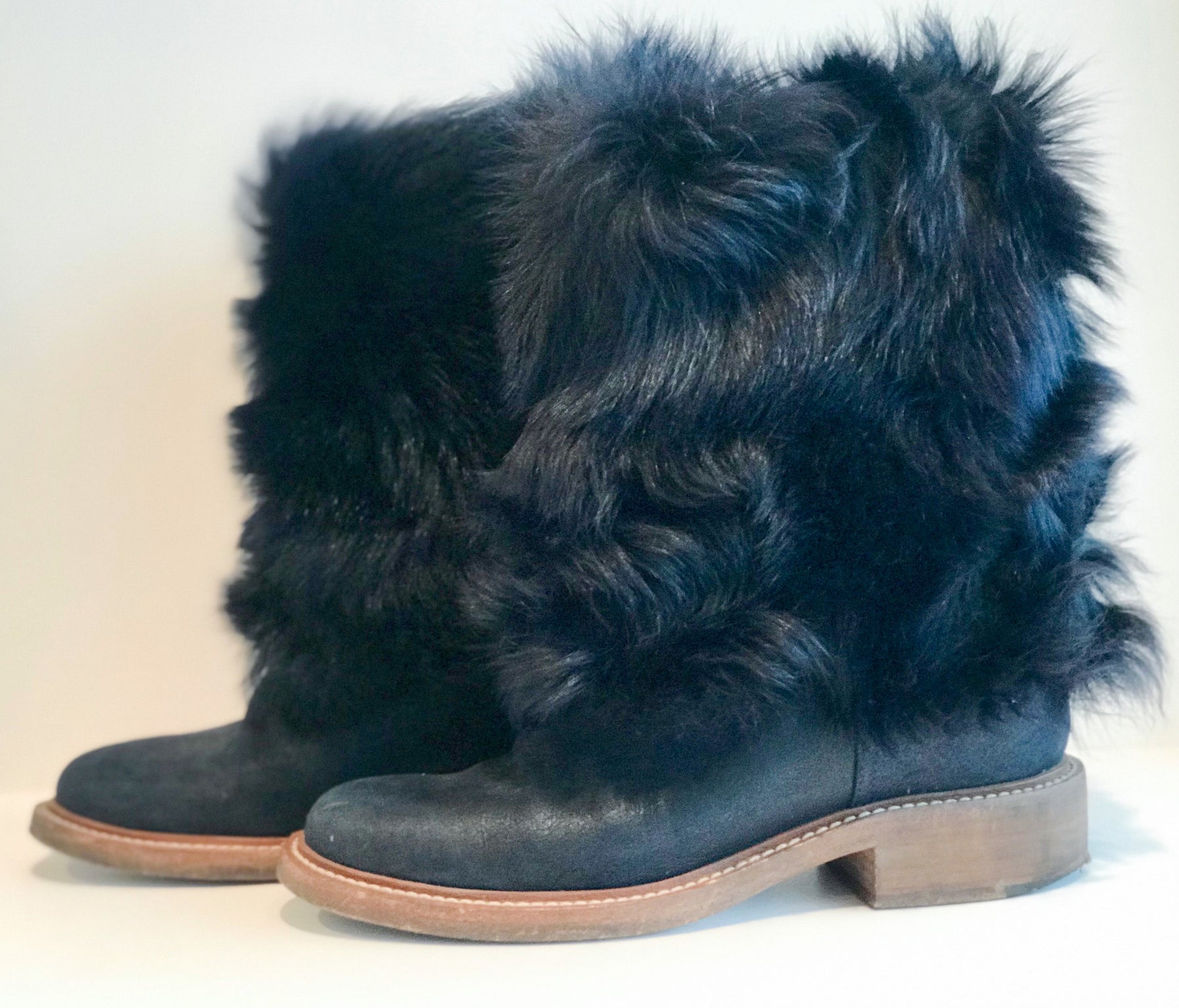 Chanel Fur Boots Navy Blue Side of Shoes