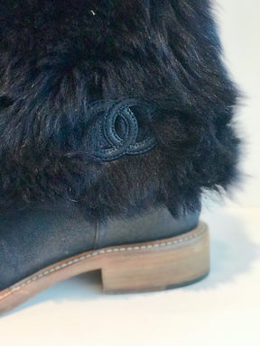 Chanel Fur Boots Navy Featuring Interlocking CC Logo
