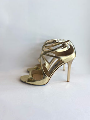 Jimmy Choo Lang Metallic Leather Heels Gold Side of Shoes