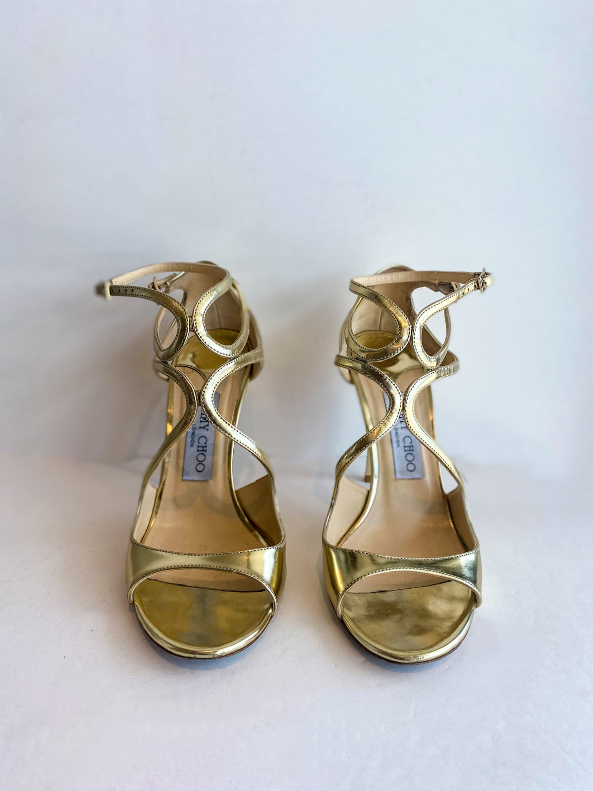 Jimmy Choo Lang Metallic Leather Heels Gold Front of Shoes