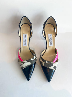 Jimmy Choo Patent Leather Animal Print Pink Pumps Front of Shoes