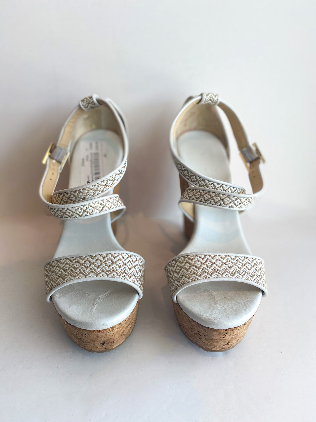 Jimmy Choo Printed Wedges Embroidered Tan White Cork Front of Shoes