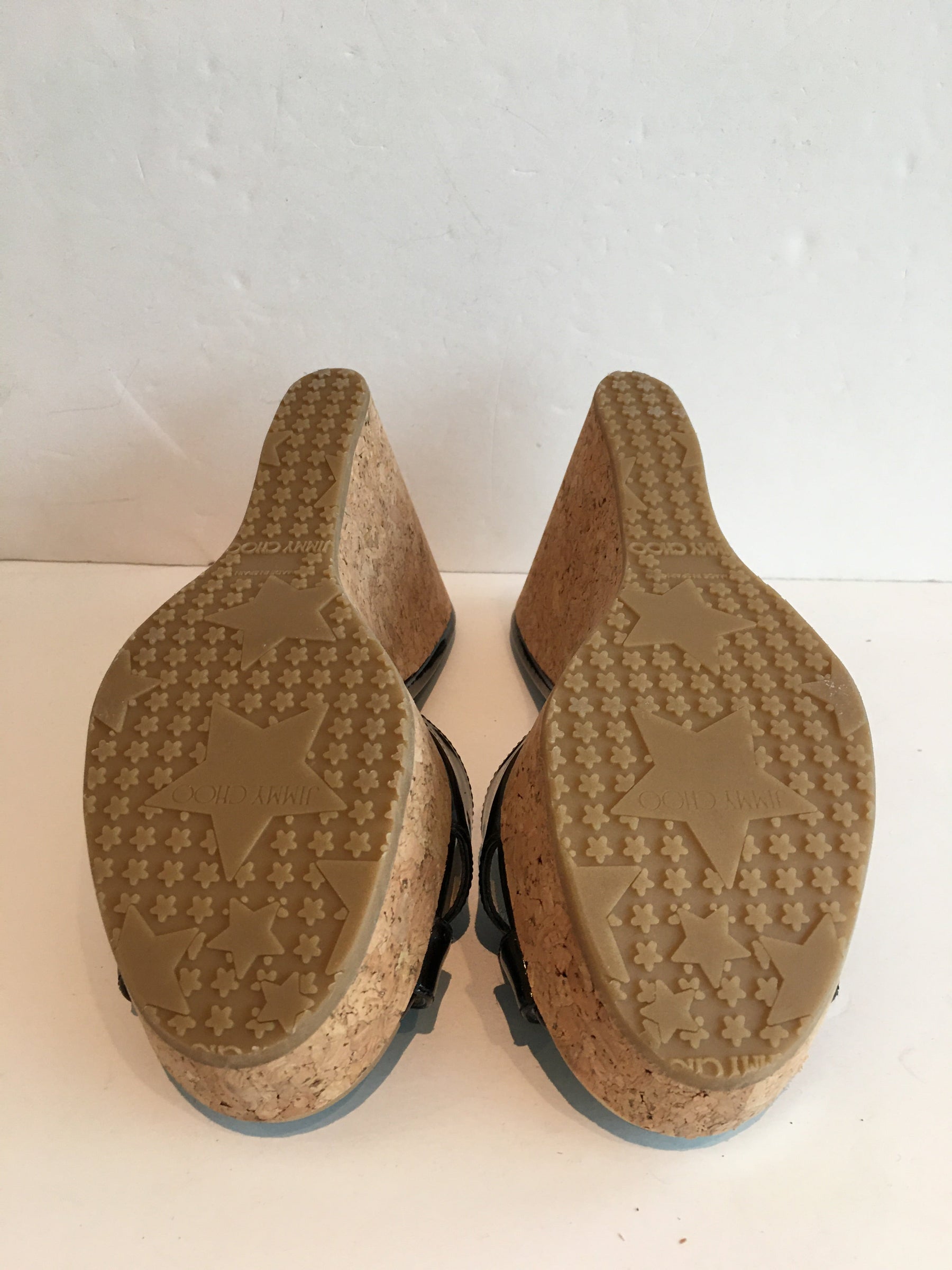 Jimmy Choo Patent And Cork Platform Wedges Bottom Like-new Condition