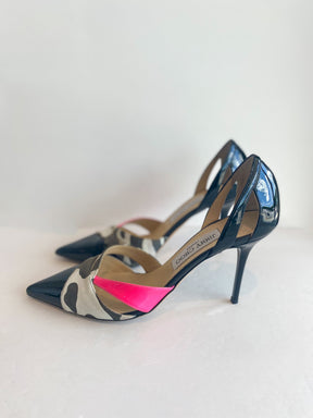 Jimmy Choo Patent Leather Animal Print Pink Pumps Side of Shoes