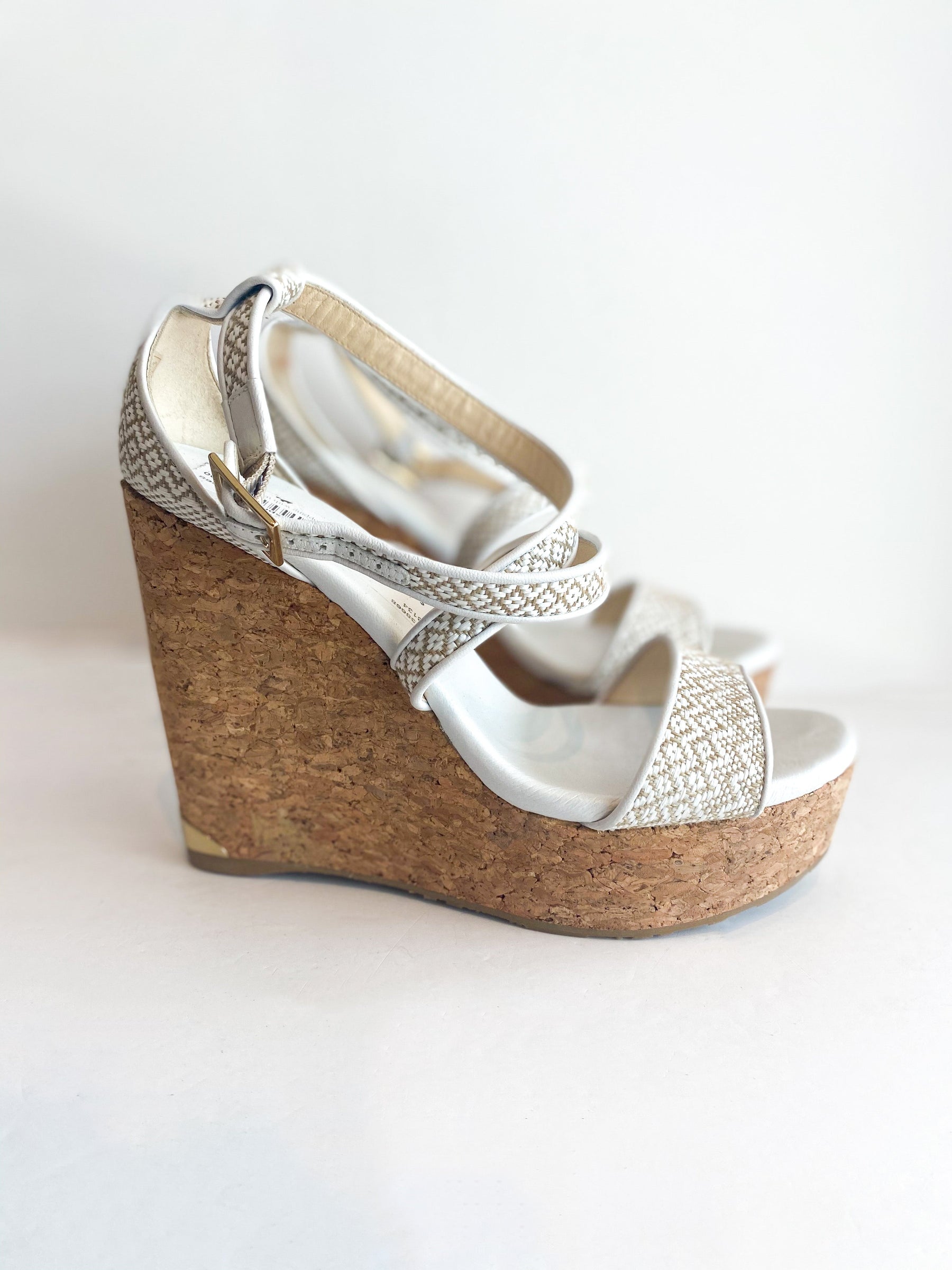 Jimmy Choo Printed Wedges Embroidered Tan White Cork Side of Shoes