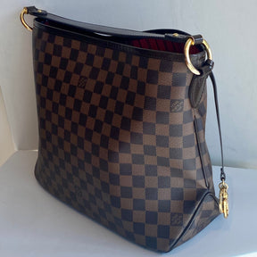 Louis Vuitton Damier Ebene Delightful Hobo PM Bag Coated Canvas Leather Strap Trim Polished Brass Hardware