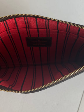 Louis Vuitton Damier Ebene Neverfull Pochette Red Striped Fabric Interior Single Patch Pocket