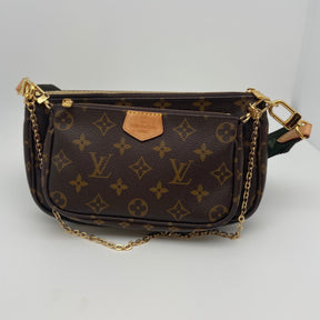 Louis Vuitton Monogram Multi Pochette Accessoires | Olive Green Strap | Brown Monogram Leather | Coin Purse & Dust Bag Included | Brass Hardware | Zip Closure | Great Condition