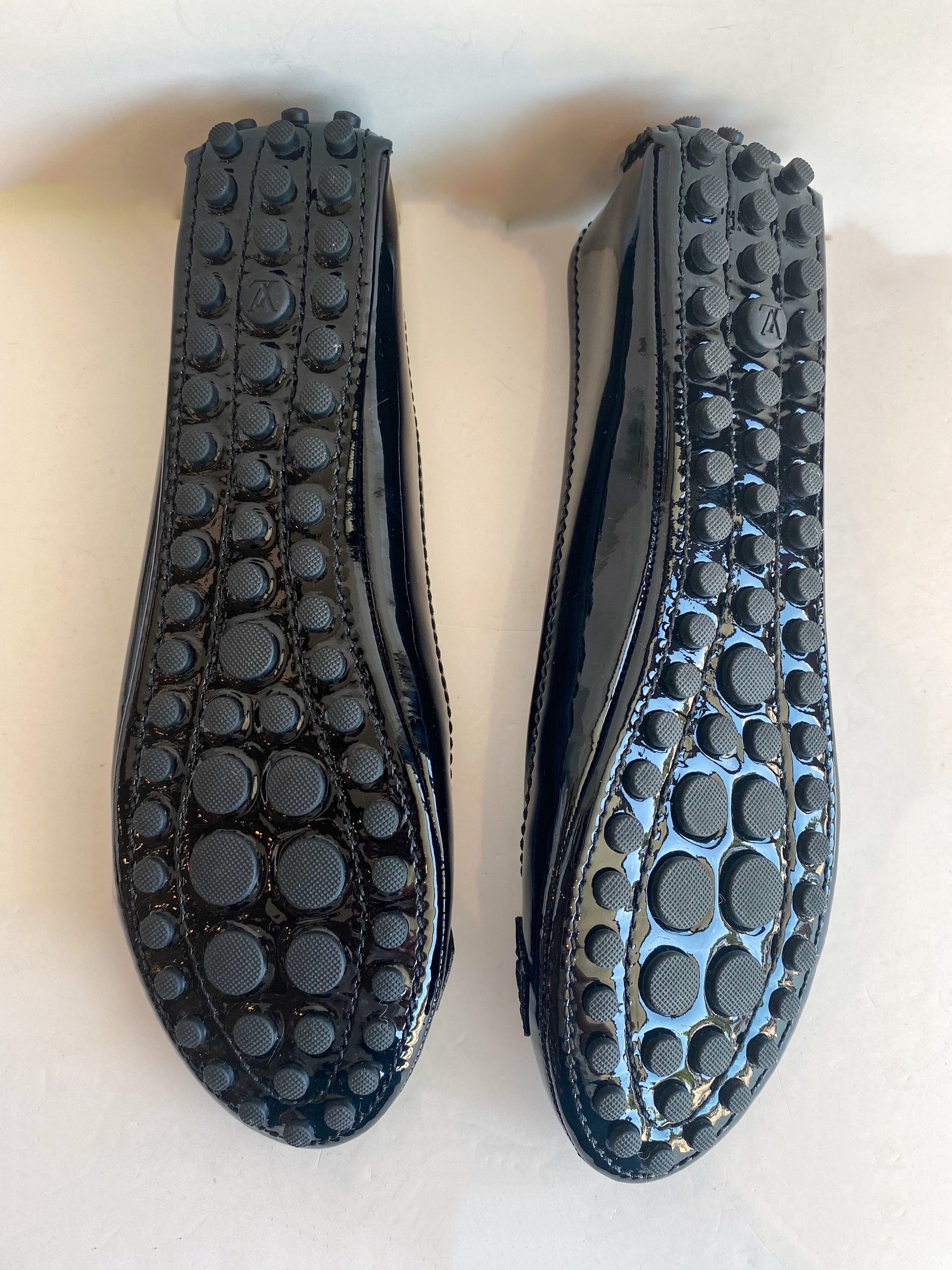 Louis Vuitton Black Patent Leather Ballet Flat LV Logo Bottom of Shoes