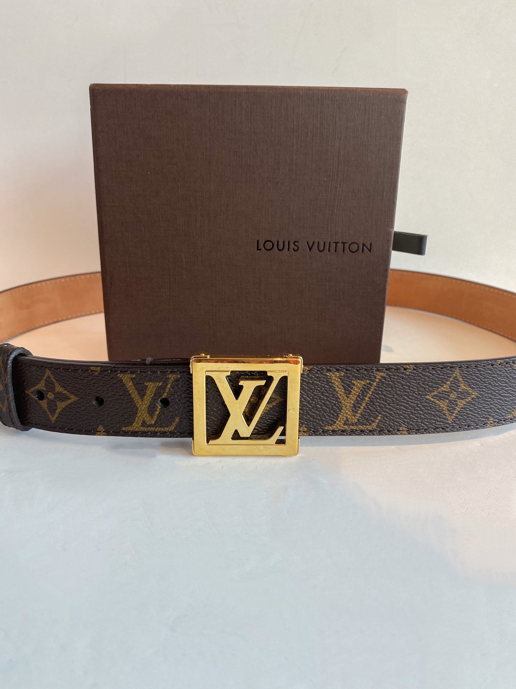 Louis Vuitton Monogram Belt with Box Gold Buckle Front of Belt