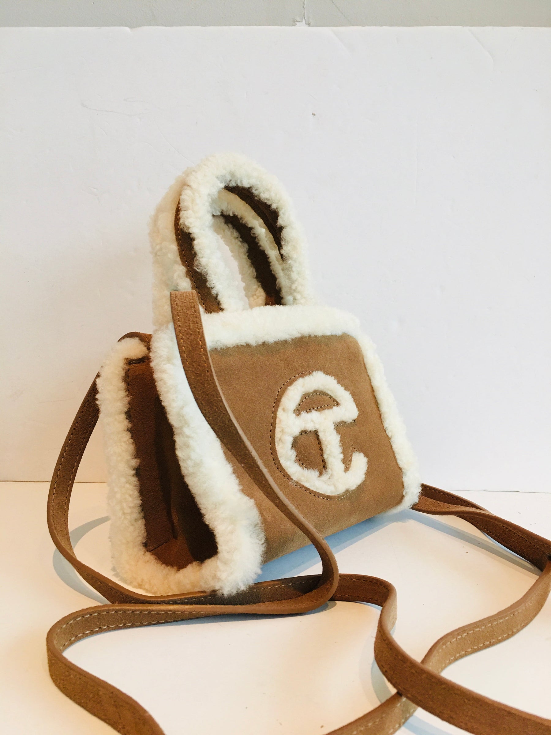 Ugg x Telfar Suede Small Shopper Bag Sheepskin Trim Side Dual Top Handles Dual Long Straps