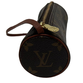 Side View: Brown Coated Canvas, LV Monogram, Brass Hardware, Wrist Strap, Zip Closure at Top.  Edit alt text