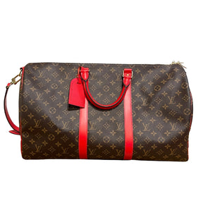 Louis Vuitton Monogram Keepall 50  Weekender Bag  Red Leather Trim   Gold Tone Hardware  Rolled Handles  Canvas Lining