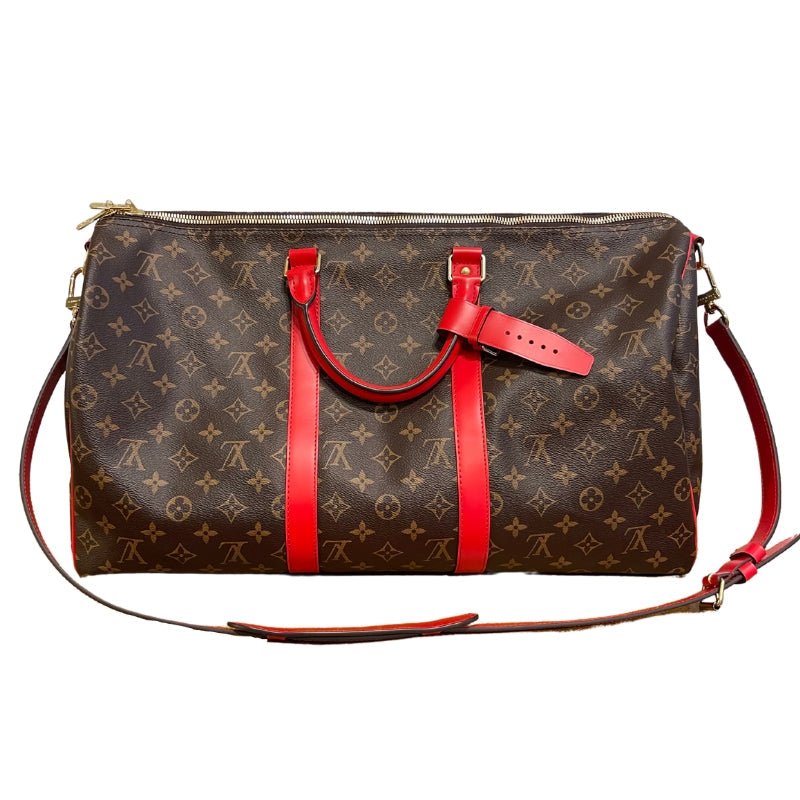 Louis Vuitton Monogram Keepall 50  Weekender Bag  Red Leather Trim   Gold Tone Hardware  Rolled Handles  Canvas Lining