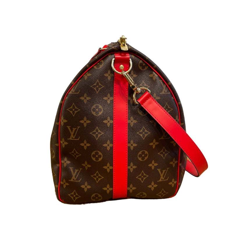 Louis Vuitton Monogram Keepall 50  Weekender Bag  Red Leather Trim   Gold Tone Hardware  Rolled Handles  Canvas Lining