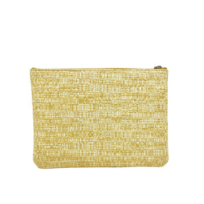 Chanel Woven Raffia Large Deauville Pouch   Light Yellow and White Fabric and Straw Exterior  Gold Toned Fabric Stitched Chanel Logo  Silver Toned Hardware  Zip Top Closure   Yellow Padded Fabric Interior