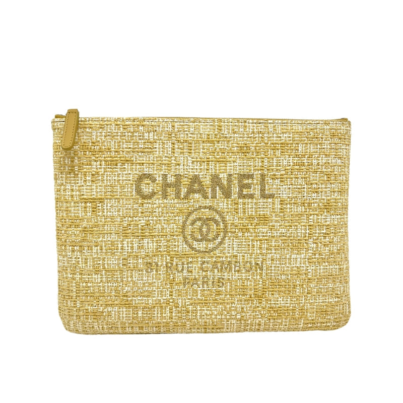 Chanel Woven Raffia Large Deauville Pouch   Light Yellow and White Fabric and Straw Exterior  Gold Toned Fabric Stitched Chanel Logo  Silver Toned Hardware  Zip Top Closure   Yellow Padded Fabric Interior
