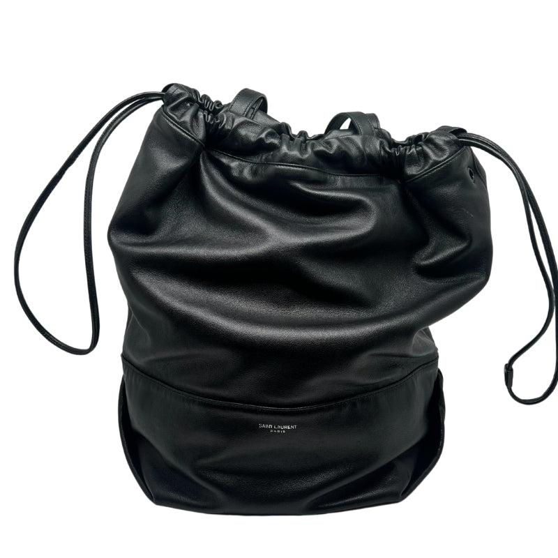 Saint Laurent Drawstring Tote Bag  Black Leather Exterior   Drawstring Closure on Top Exterior   Double Leather Shoulder Straps  Black Fabric Interior   Wallet Attached to Interior 