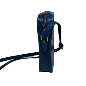 Louis Vuitton Epi Danube Slim, side view, blue leather exterior, brass hardware, adjustable shoulder strap, single exterior pocket, top zip closure, black leather lining, condition excellent