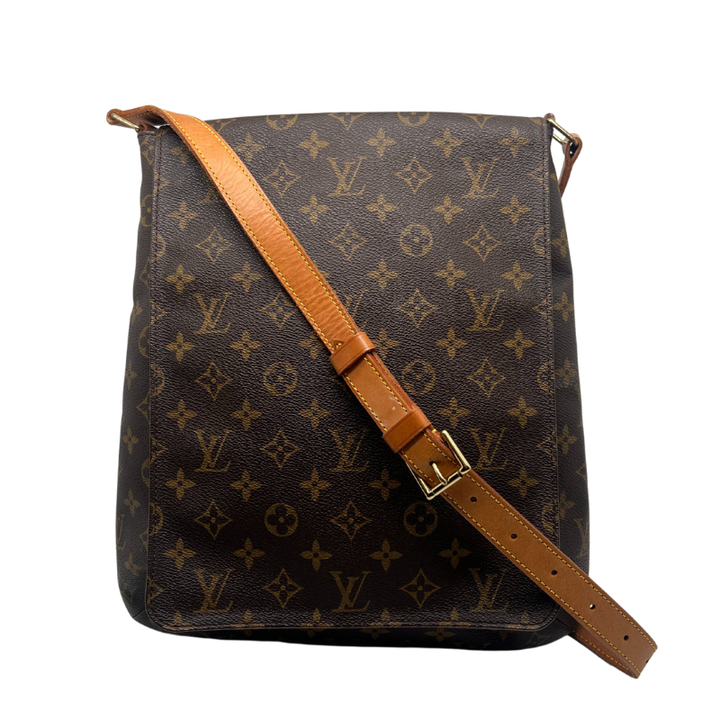 Louis Vuitton Musette Bag  Monogram Canvas Exterior   Gold Toned Hardware   Single Flat Adjustable Crossbody Strap   Fold Over Flap Closure With Brown Canvas Interior   Tan Suede Interior   Two Interior Flat Pockets 