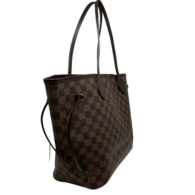 Louis Vuitton Damier Ebene Neverfull MM, Louis Vuitton tote bag, side view, brown checker print exterior, coated leather exterior, brass hardware, dark brown leather trim, dual shoulder straps, clasp closure at top, jacquard lining, single interior pocket, condition excellent