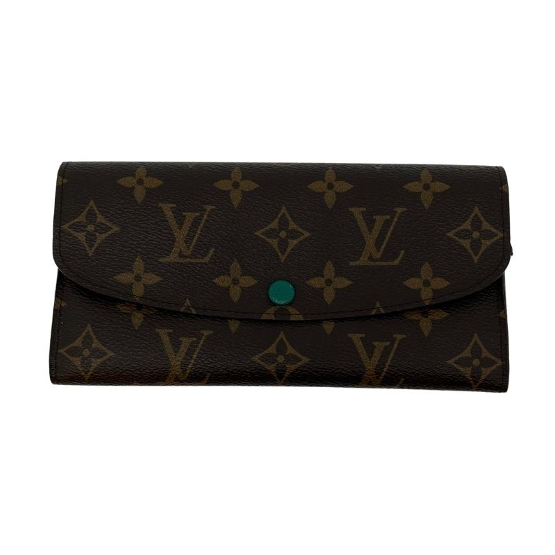 Louis Vuitton Emilie Wallet, LV logo brown exterior, snap front closure, green snap accent, green leather lining, single interior pocket and card slots, condition great, front view